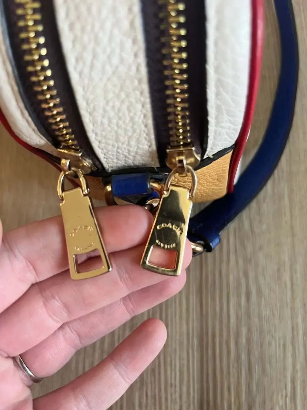 Coach, Color Block Pebble Leather, 2 Zipper Crossbody,Neutral,Gold,Luxury,Travel